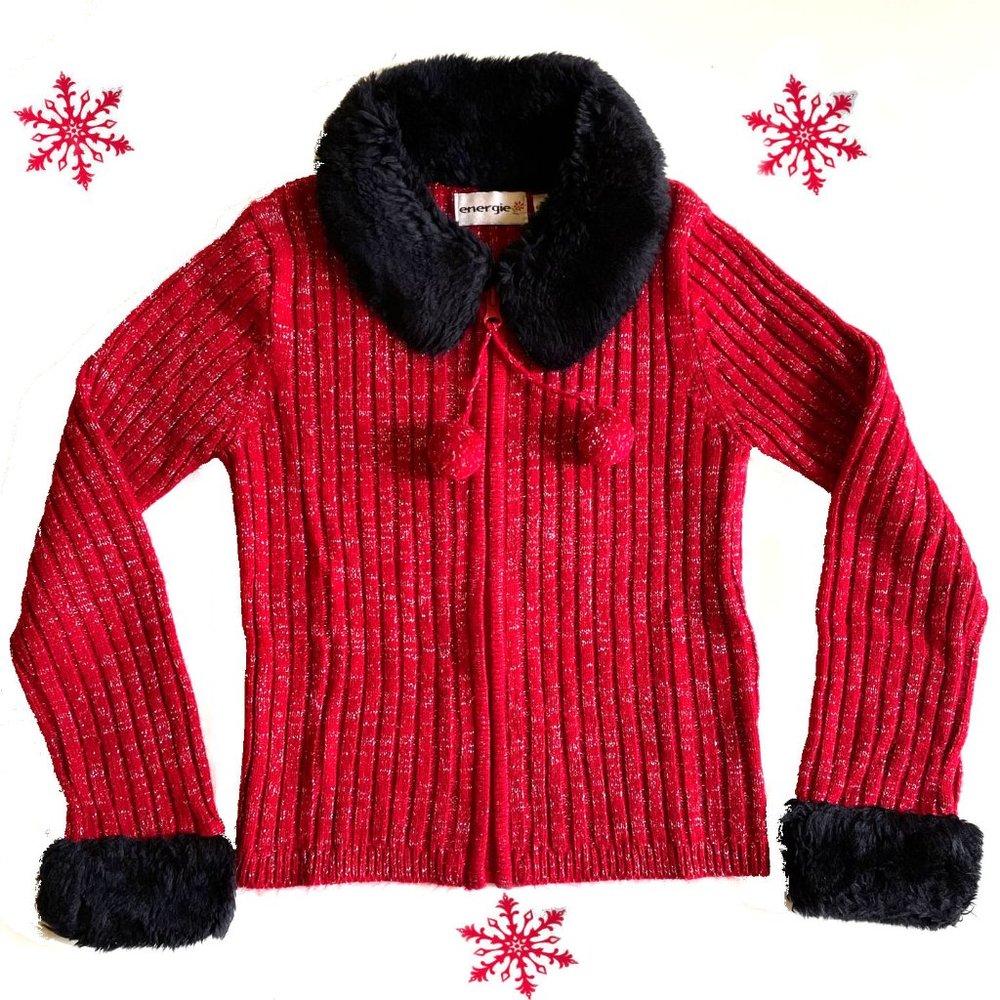 ENERGIE ~GIRLS FAUX FUR-TRIM SPARKLE SWEATER~ SZ 7/8 (S)